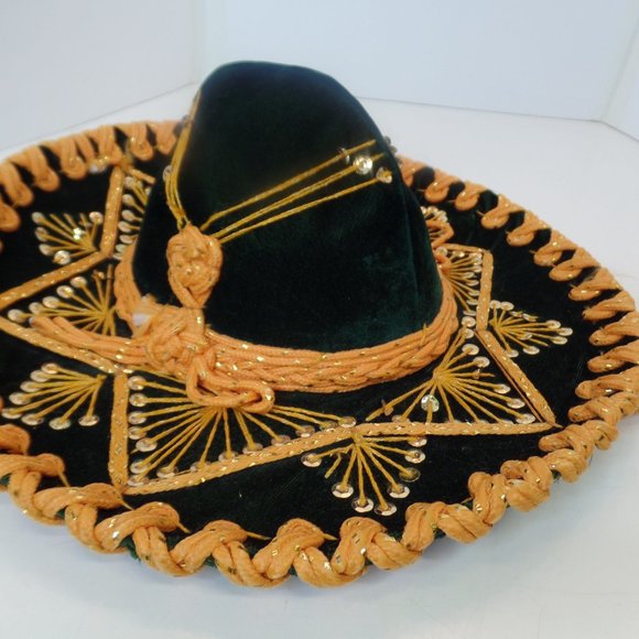 Ju-la Mexican Sombrero Dark Green & Gold Well Made Hat Head 7\